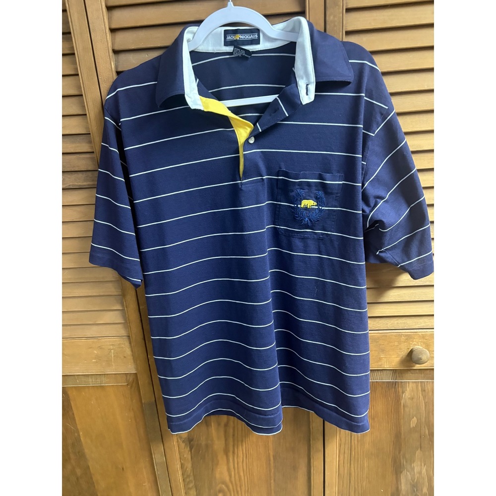 Jack Nicklaus Golden Bear Mens XL Navy Blue Striped‎ Golf Polo Shirt Pocket Logo